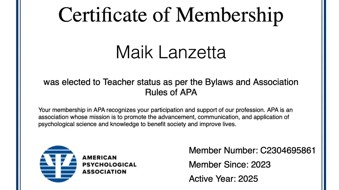 Сертификат членства Майка Ланзетта в American Psychological Association